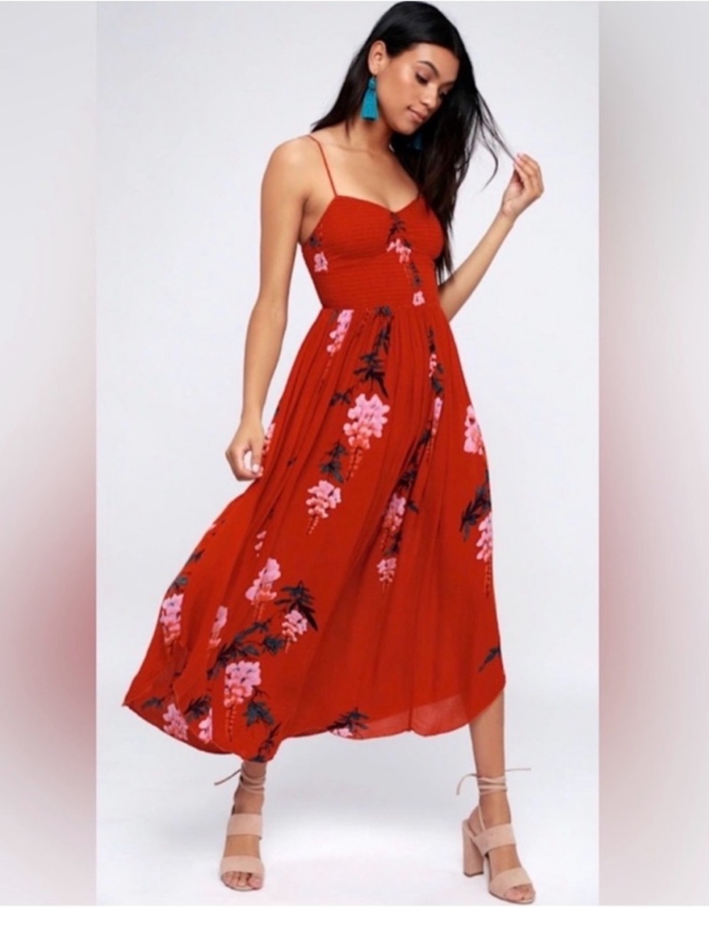 Free People Red Floral Spaghetti-Strap Maxi Dress